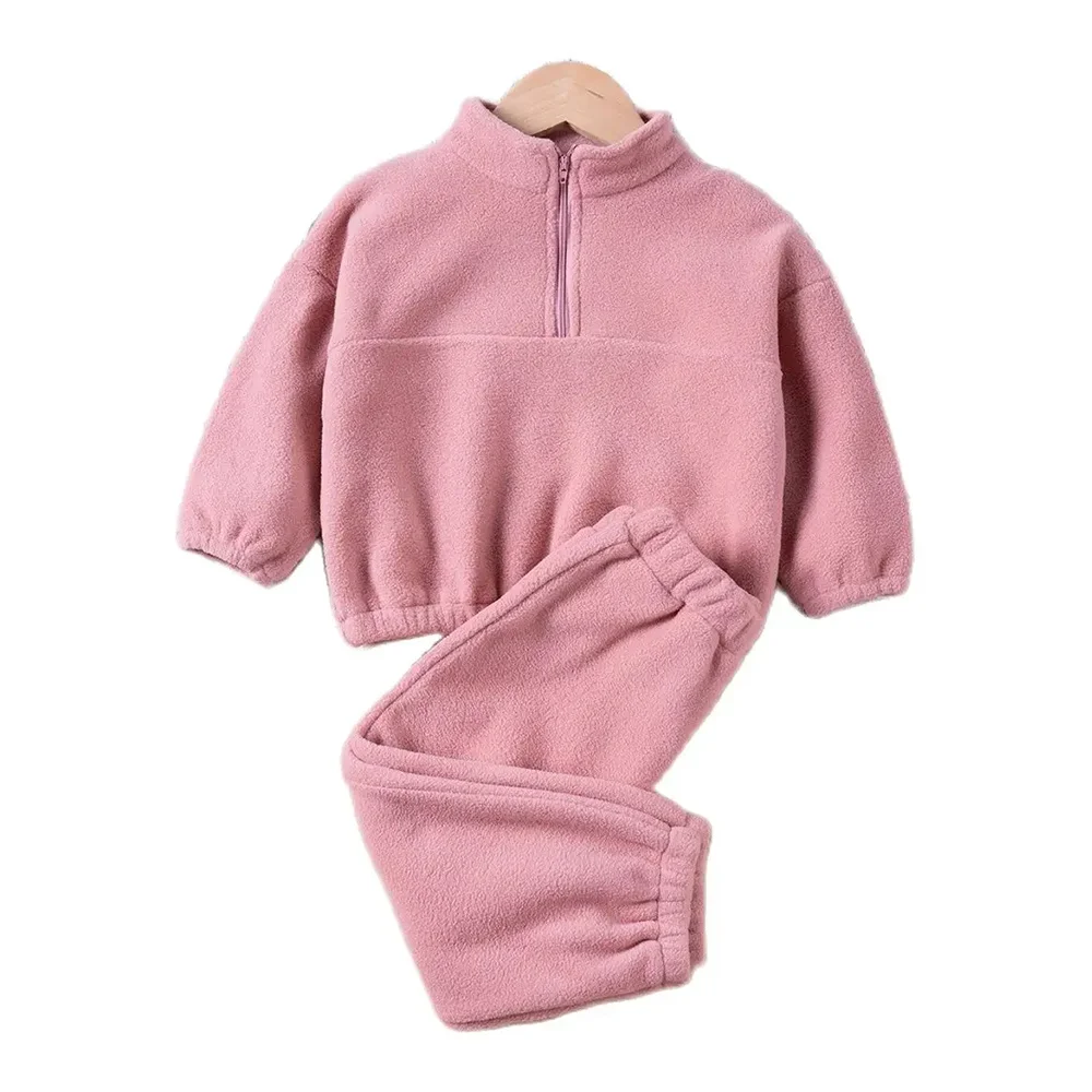 Boys and Girls Half Placket Outfits Polar Fleece Solid Stand Collar Kids Sweatshirt + Pants Clothes Set Soft Children Outfits