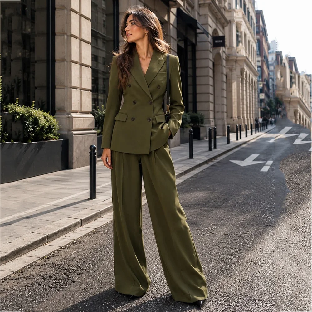 Casual Women Pant Suits Solid Color Chic Double Breasted Peaked Collar Blazer Trousers Formal Business Straight Fit Outfit