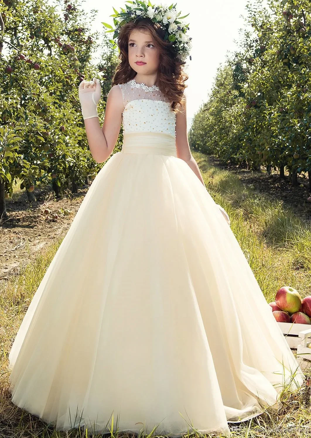 Elegant ดอกไม้สาวชุดลูกไม้ Tulle พิมพ์ปุยเจ้าหญิงงานแต่งงานชุดบอล First Communion วันเกิด Gowns