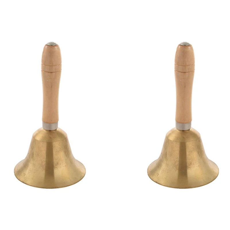 

Promotion! 2X Solid Brass Wooden Handle School Reception Dinner Wood Shop Hotel Hand Bell Gold