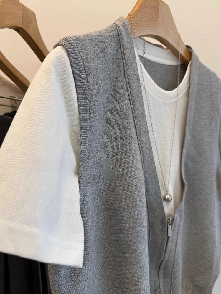 Confortável malha ort sve camiseta falso de duas peças design simples coreano sle feminino faionable verão topo poético lin