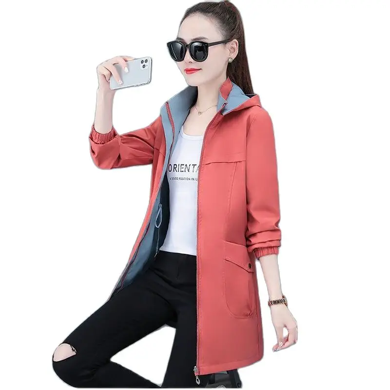 

Reversible Women Trench Coat Spring Outcoat Korean Version Leisure High Quality Lady Long Hooded Detachable Windbreaker Outcoat