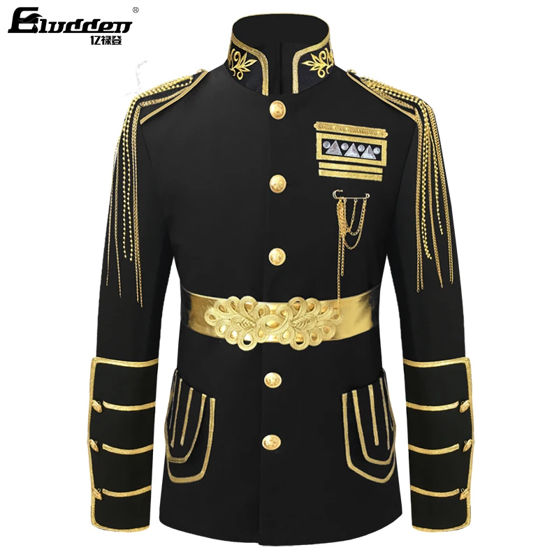 Men Stage Performance Costume DJ Dance Jacket Gold Brocade Strip Blazers sash Decoration Dress Rock Singer Night Venue Host Coat