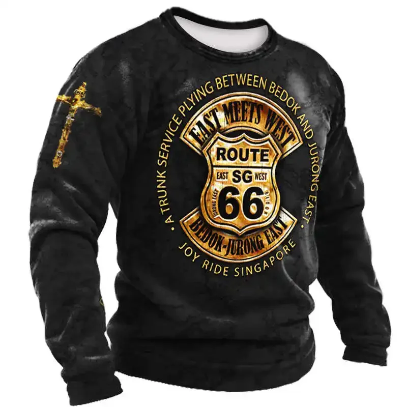 Camiseta Vintage de algodón para hombre, camisa de manga larga con estampado 3D gráfico de letras de la Ruta 66 de EE. UU., ropa holgada de gran tamaño para otoño