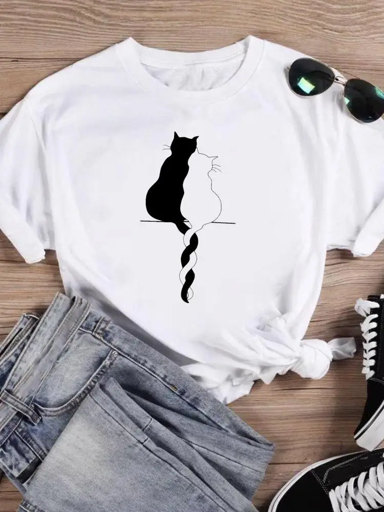 Short Sleeve T Top T-shirts Women Tee Print Summer Cartoon Cat Love Valentine Shirt Female Graphic Fashion Clothing