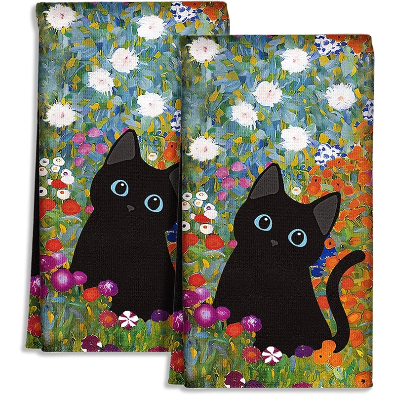 2 Stück, Ölgemälde-Stil, Meer der Blumen, schwarze Katze, Küchentücher, 40 cm x 60 cm, Handtuch-Set, super saugfähiges weiches Reinigungstuch, Koch- und Back-Geschirrtuch, Handtuch, Reinigungstuch, Geschirrtuch, Küchendekoration, Essentials, Essentials, Home Essentials