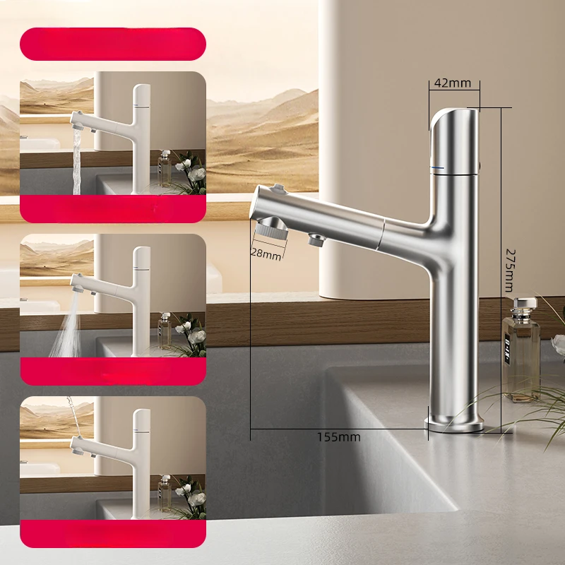 All-copper White Countertop Washbasin Washbasin Basin Pull-out Hot and Cold Rotating Faucet Single Handle Single Hole