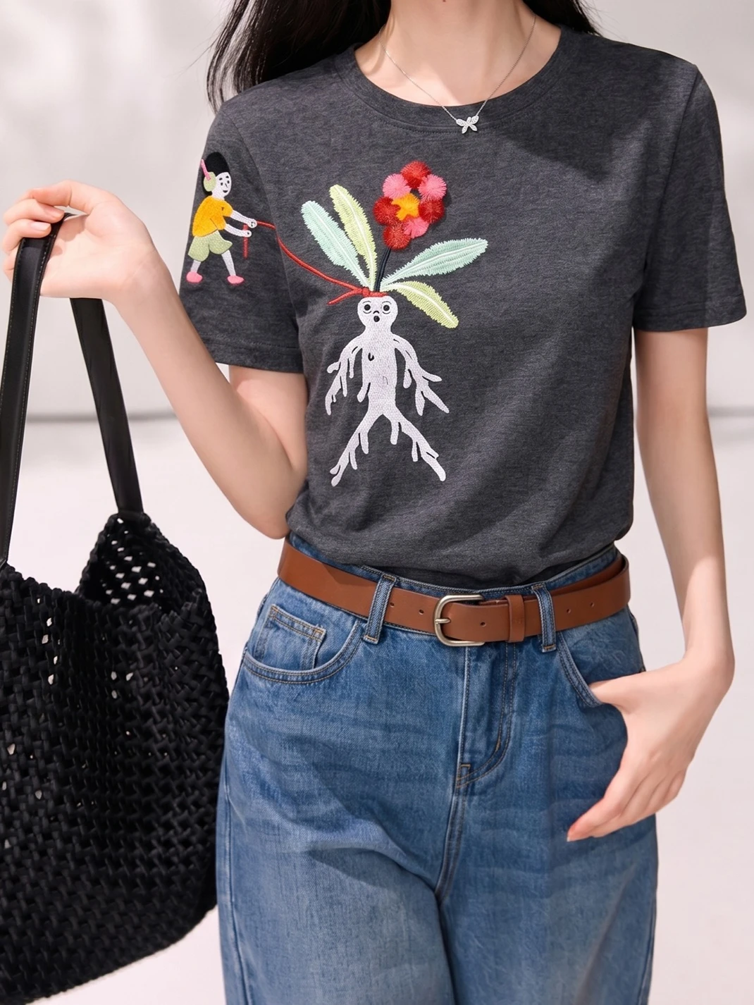 New Women's Fun Cartoon Character Flower Embroidery Short Sleeve T-Shirt Y2K Fashion Retro Casual Loose Versatile Summer Top