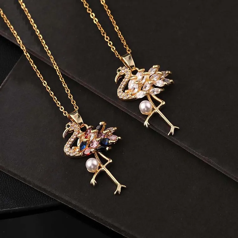 Ketting Vrouwen 18K Vergulde Kleurrijke Zirkoon Kristallen Dier Flamingo Populaire Mode Sieraden Paar Cadeau