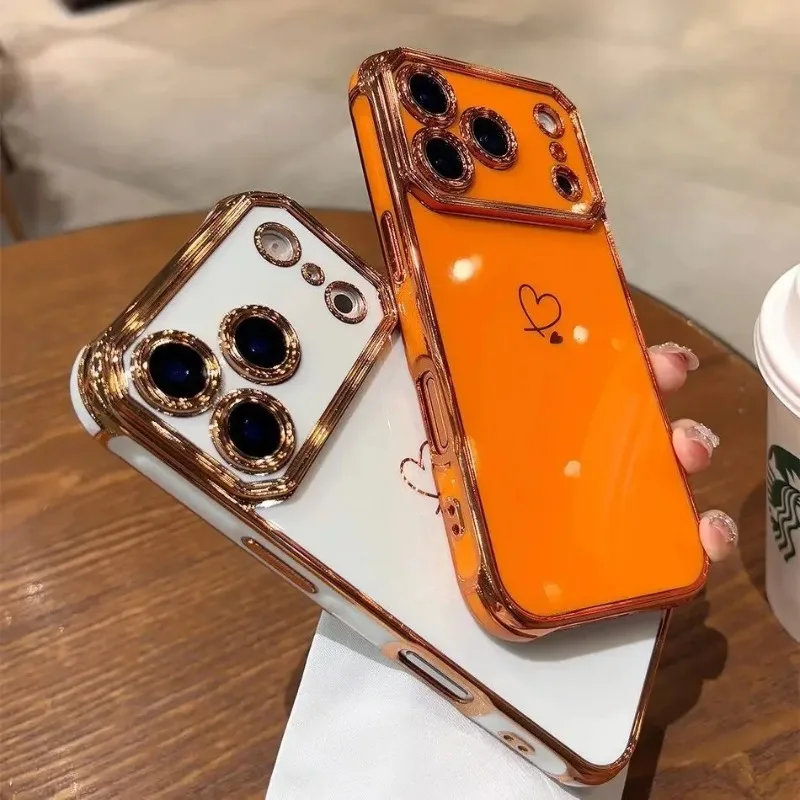 Coque Funda Plating Soft Love Heart pour iPhone 17 16 15 14 13 18 Pro Max, en silicone souple, antichoc, couleur unie.