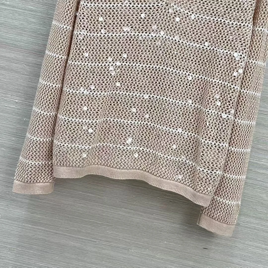 Autumn exquisitely sequins trimmed casual V neck long sleeve sweater