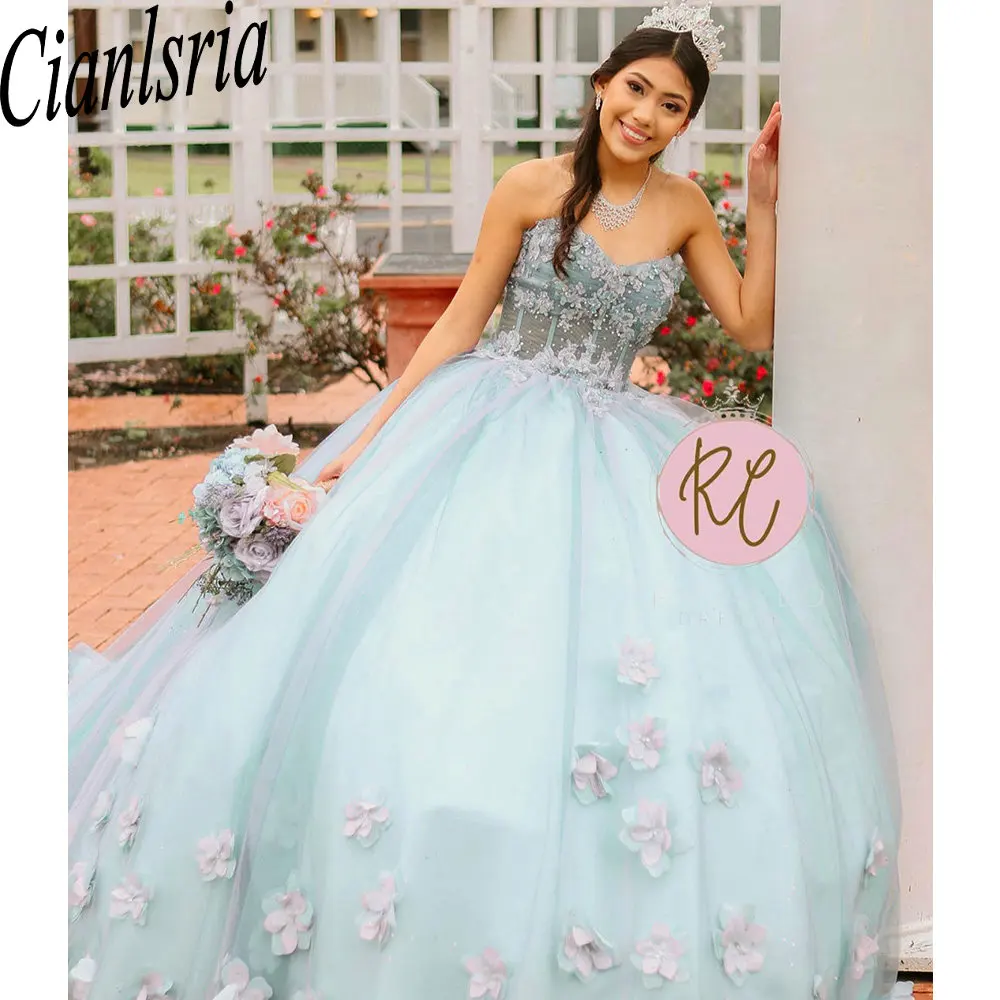 Vestido De baile plisado De flores 3D, ilusión azul claro, quinceañera, apliques De corazón, corsé De encaje, 15 Años