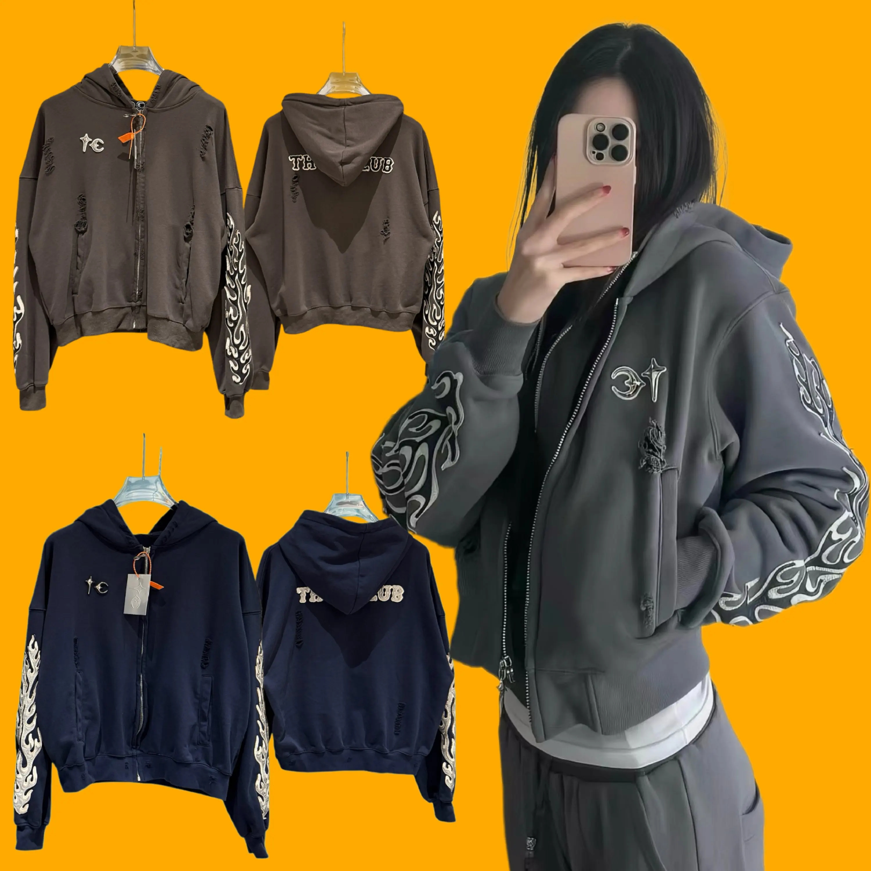 American Style Firework Embroidery Hoodie Zipper Sweatshirt Men Women Worn out Jacket Unisex Long Sleeve Hooded Coat