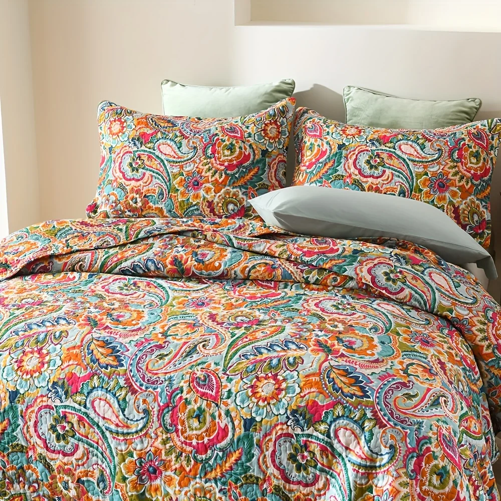 3Pcs 100% Cotton Vintage Paisley Floral Quilt Set Reversible Bedding Coverlet Queen King Size