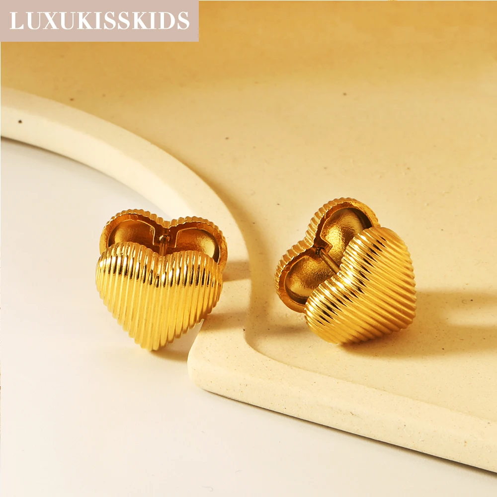 LUXUKISSKIDS 18K Gold-Plated Fashion Glossy Stainless Steel Clips Earrings Hoop Chunky Texture Thick Huggie Geometric Round aros