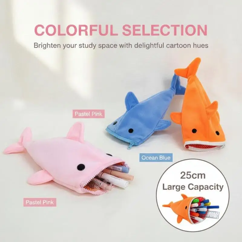 Cute Cartoon Shark Plush Pencil Case Lovely Animal Pen Bag Large Capacity Stationery Storage Pouch For Student School Supplies