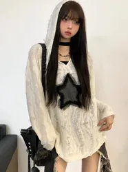 Grunge Ripped Hoodies Women Mesh Star Patchwork Y2k Aesthetic Loose Kpop Fairycore Sweatshirt Harajuku Streetwear Hooded Tops