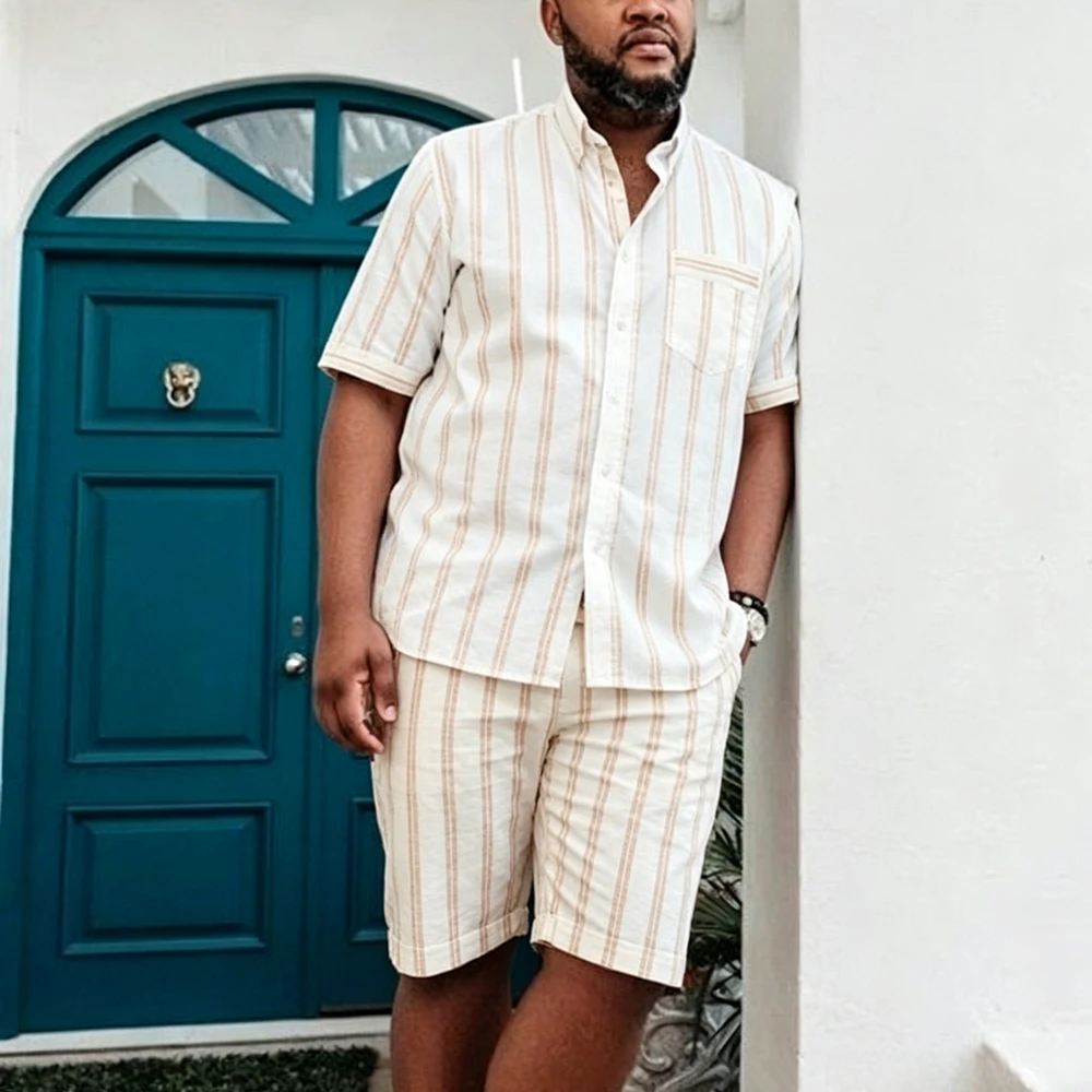 Men's Fashion Linen Short Sleeve Lapel Shirt Shorts 2 Piece Set White Textured 3D Printed Shirt Holiday Street Casual Party Set