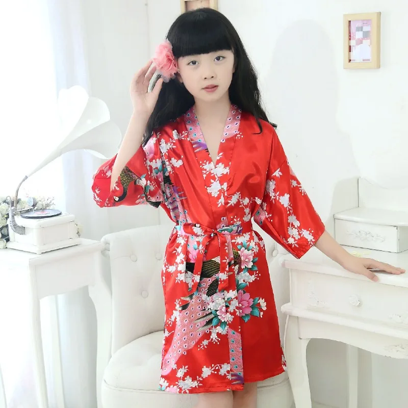 Childrens Peacock Kimono Silk Summer Yukata Girls Printed Bathrobe Vacation Themed Nightwear