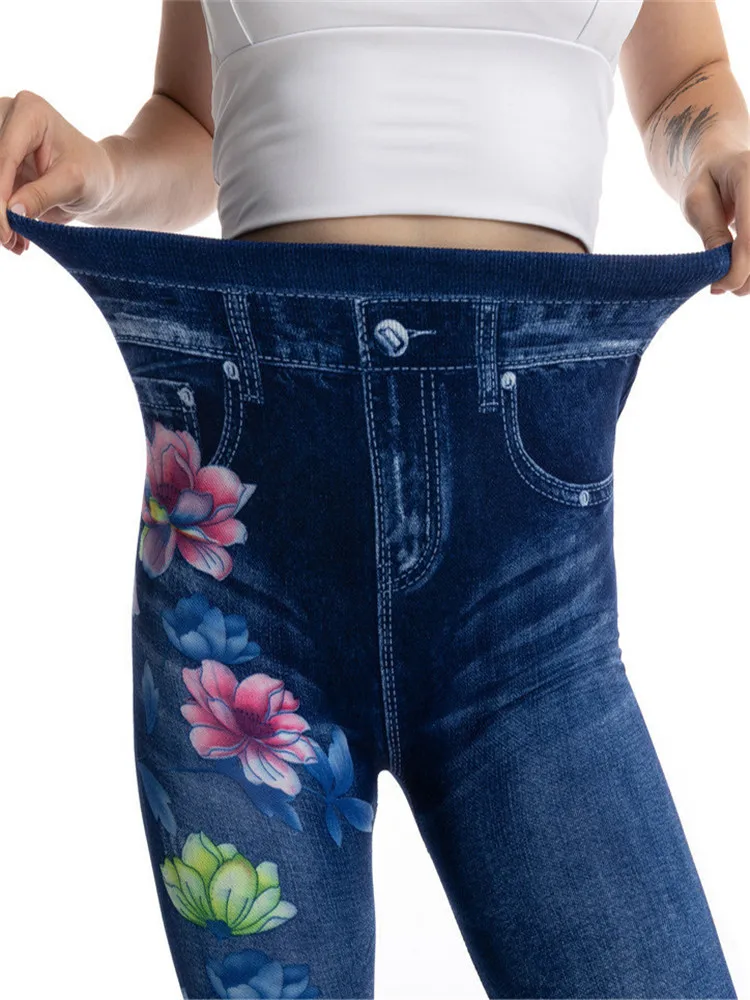 YRRETY-mallas sin costuras de cintura alta para mujer, pantalones de mezclilla de imitación elástica, Jeggings de Fitness, pantalones de gimnasio ajustados con flores