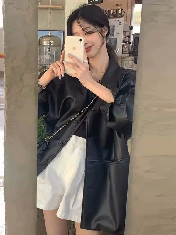 Jaqueta Fena Casual de Couro PU de Manga Longa Estilo Chic para o Outono com Gola  e Botão Único Ajuste Solto Versátil