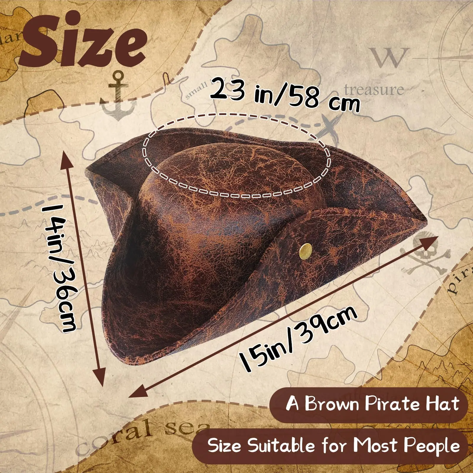 Brązowy Kapelusz Piracki Tricorn ze Sztucznej Skóry, Kapelusz Piracki Nowość ze Skóry dla Kobiet i Mężczyzn, Akcesoria do Kostiumów na Halloween, Cosplay