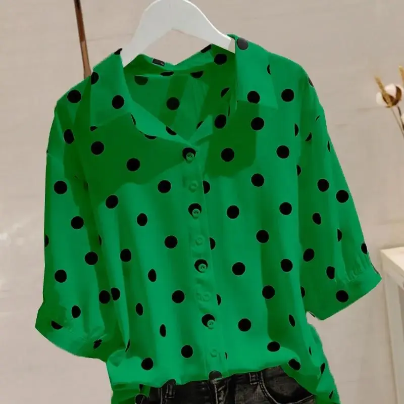 Fashion Printed Lapel Button Loose Polka Dot Blouse Female Clothing 2023 Summer New Oversized Casual Pullovers Office Lady Shirt