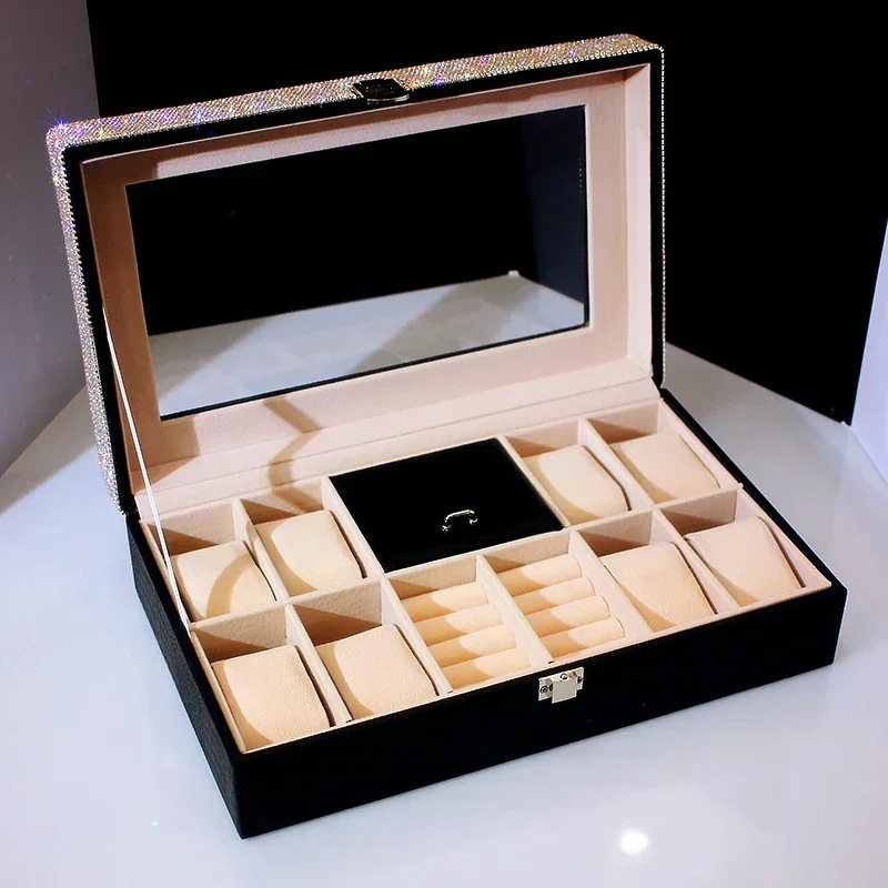 Bling Diamond Watch Storage Box Window Opening PU Jewelry Box 8 Slots Quartz Watches Case Necklace Ring Display Holder Organizer