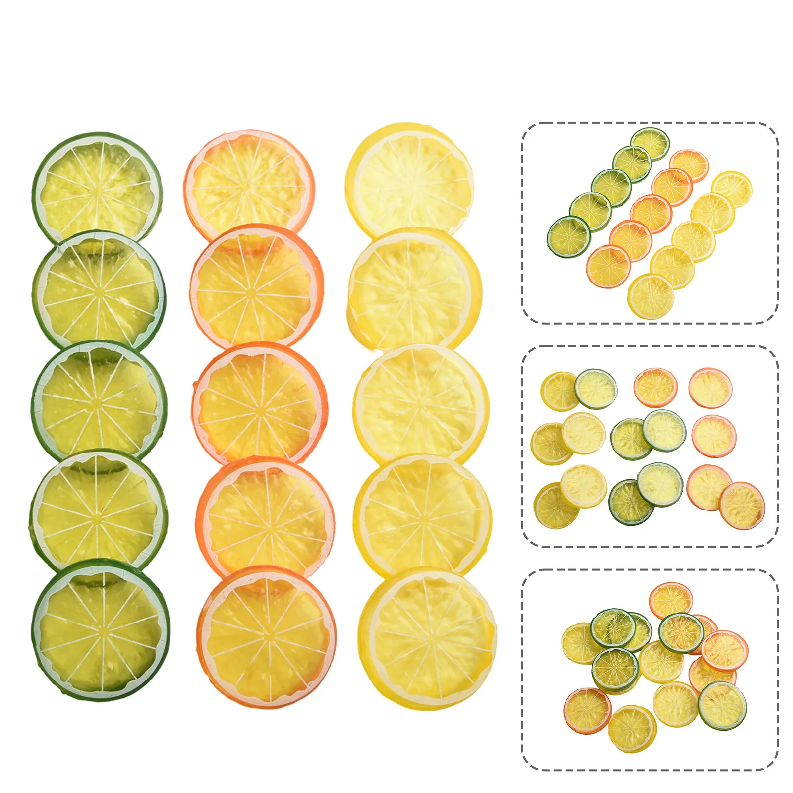 Juego de 15 Piezas de Rodajas de Limón Falsas de Plástico, Modelo de Fruta de Simulación, Amarillo/Naranja/Verde, Accesorios de Fotografía de Alimentos, Decoración para Fiestas y Hogar