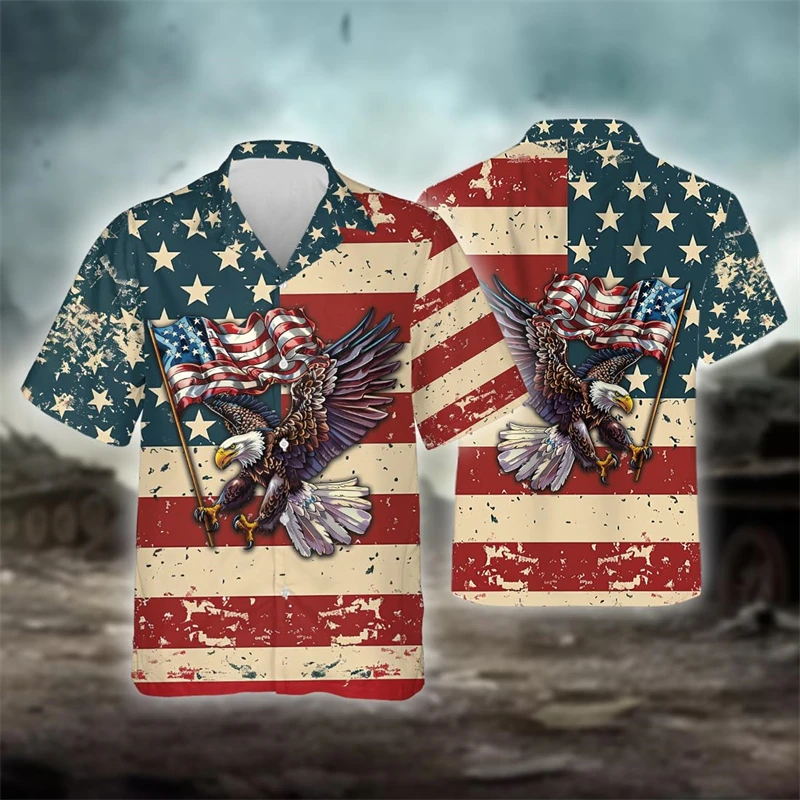 America Eagle Graphic Shirts For Men Clothes USA Veteran Beach Shirt Casual US Flag Short Sleeve Jesus Blouses Male Button Tops