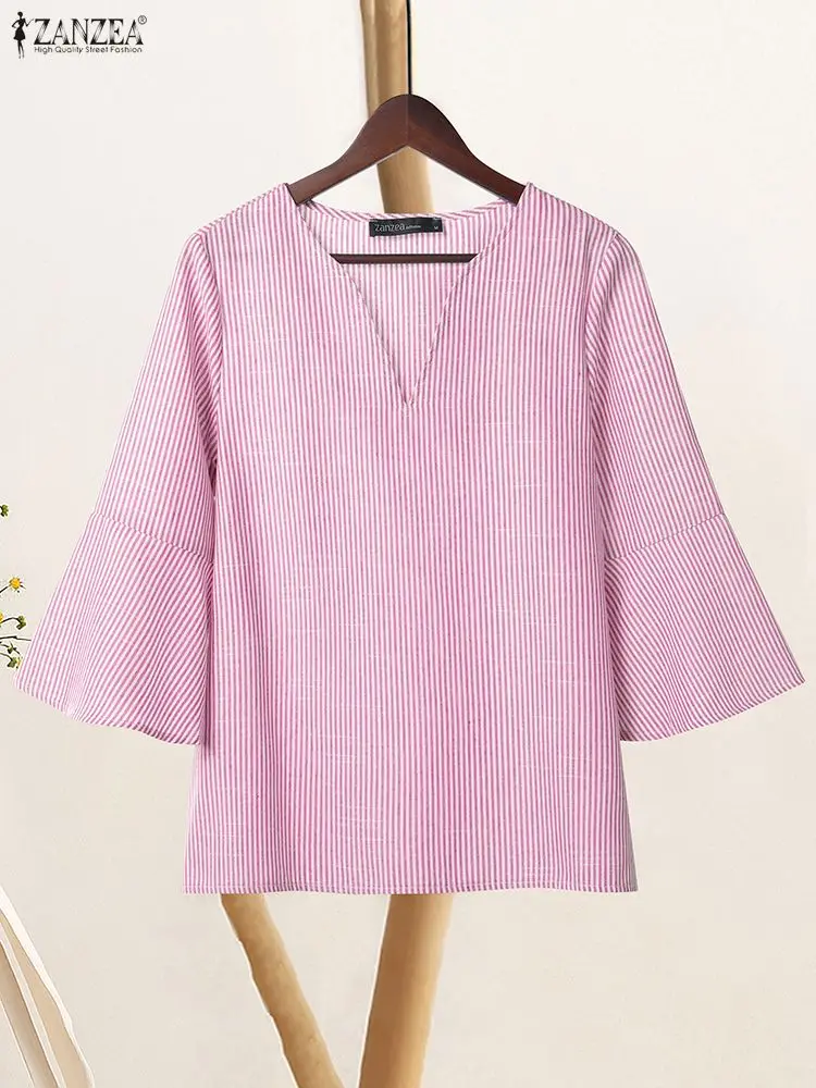 2025 ZANZEA مكتب بلوزة مخططة المرأة الخريف بلايز عادية الخامس الرقبة 3/4 كم Blusas الإناث OL قمصان العمل Mujer قميص كبير الحجم