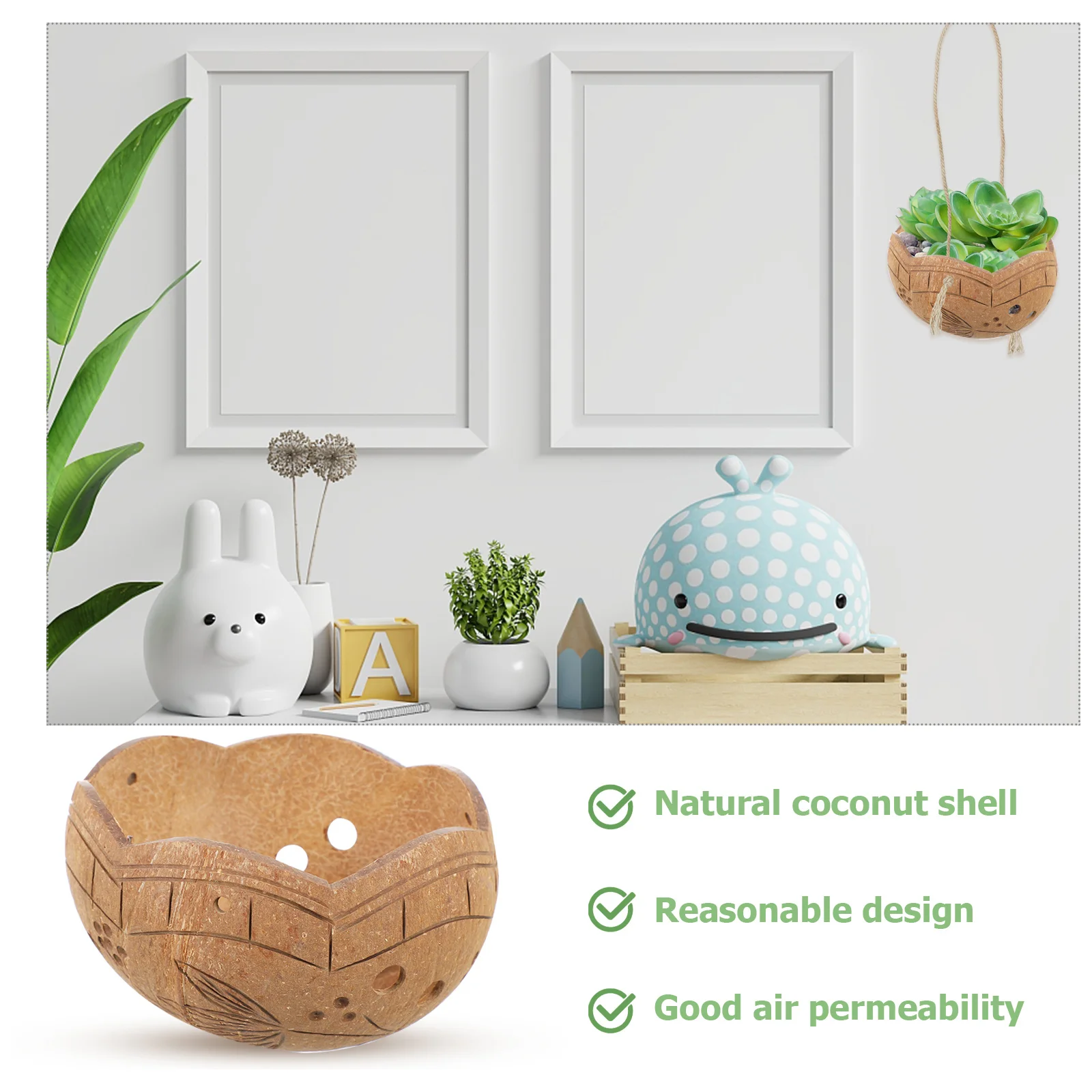 

Hanging Succulent Planter Coconut Shell Flowerpot Breathable Bonsai Pot For Garden Office Decor Plant Hanger