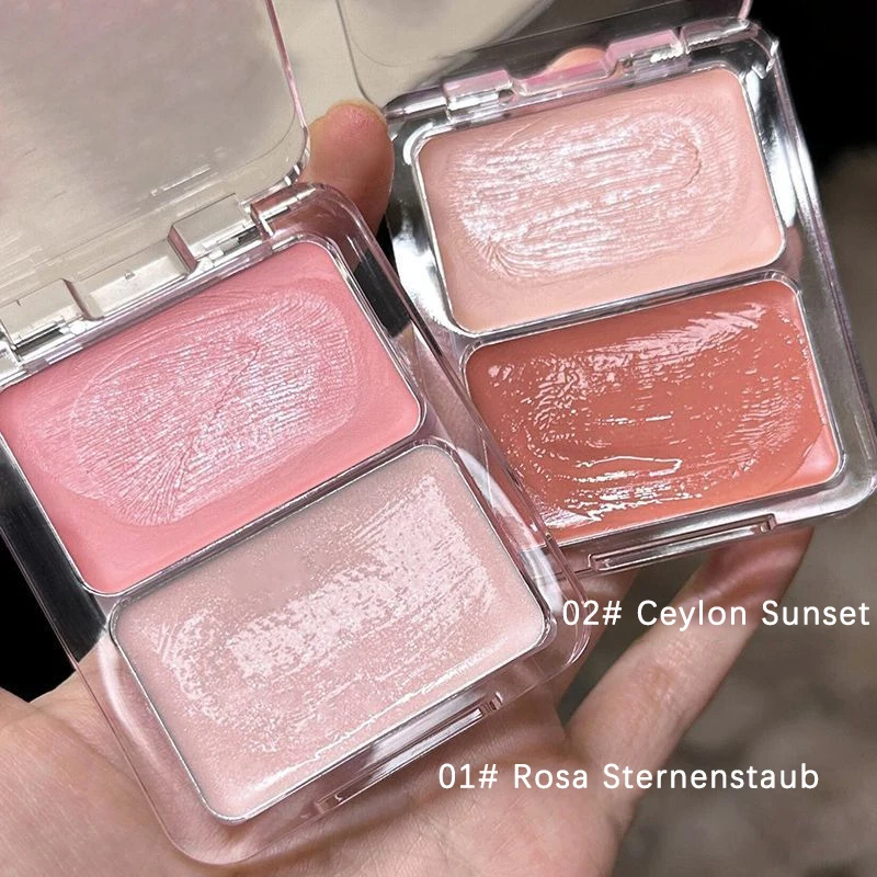 Blush brilhante de gelatina de duas cores, leite pêssego rosa damasco vermelho gem rouge maquiagem coreana, textura creme, brilho de baixa saturação