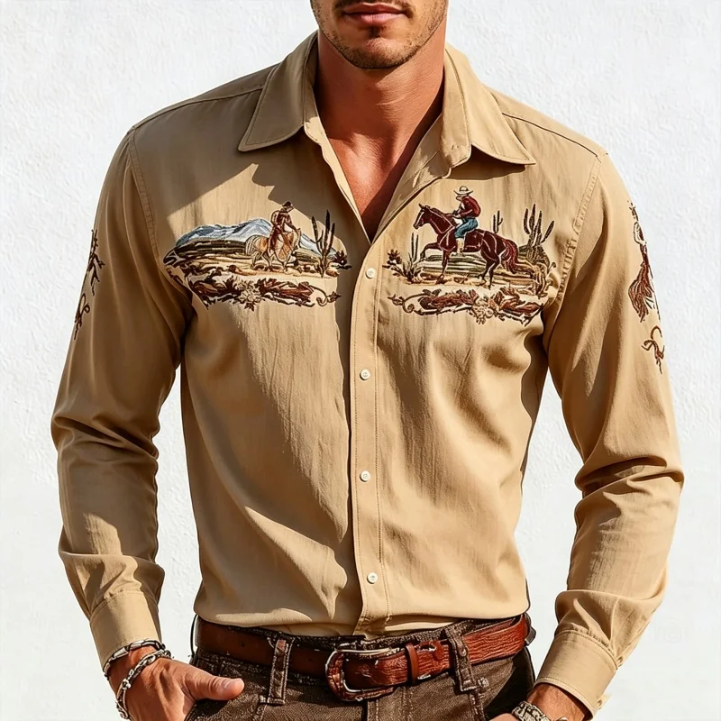 Men Long Sleeve Shirt Vintage Western Cowboy Horse Print Turn Down Collar Button Up Autumn Winter Daily Casual Men's Clothing