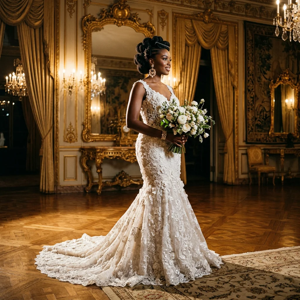 V Neck Sleeveless 3D Floral Lace Mermaid Wedding Dress with Scalloped Train Formal Bridal Gown
