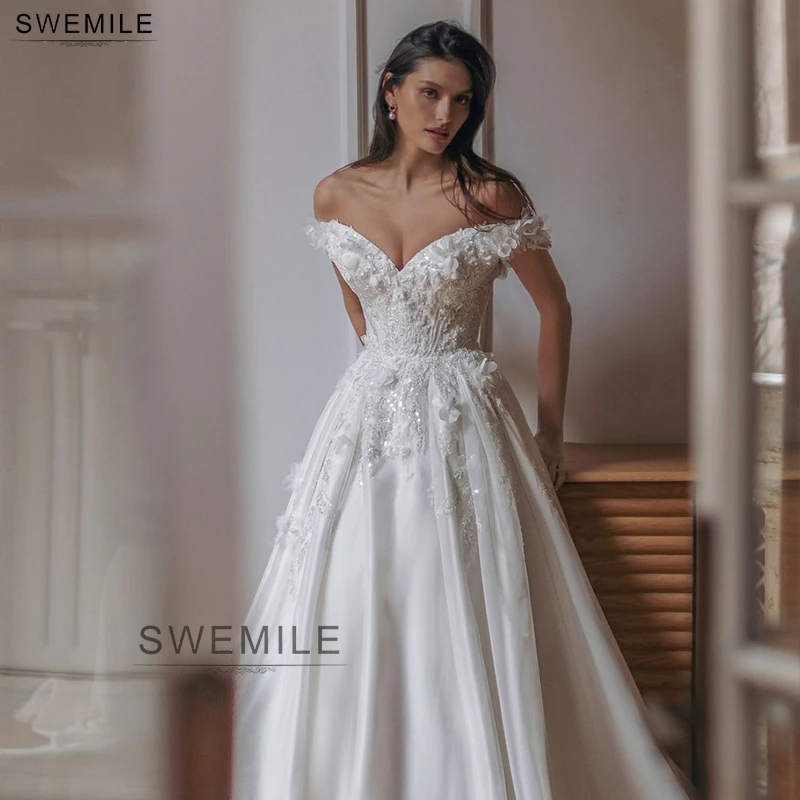 

SWEMILE Off the Shoulder A-Line Wedding Dresses Beaded Appliques 3D Flowers 2025 Women Bride Gown Vestido De Novia Customized