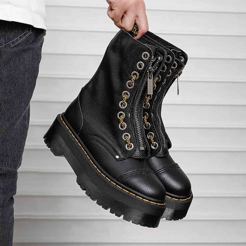 Femmes bottes en cuir véritable plate-forme bottes moto chaussures avant fermeture éclair semelles optiques mode Sexy Punk luxe hommes bottes d'hiver