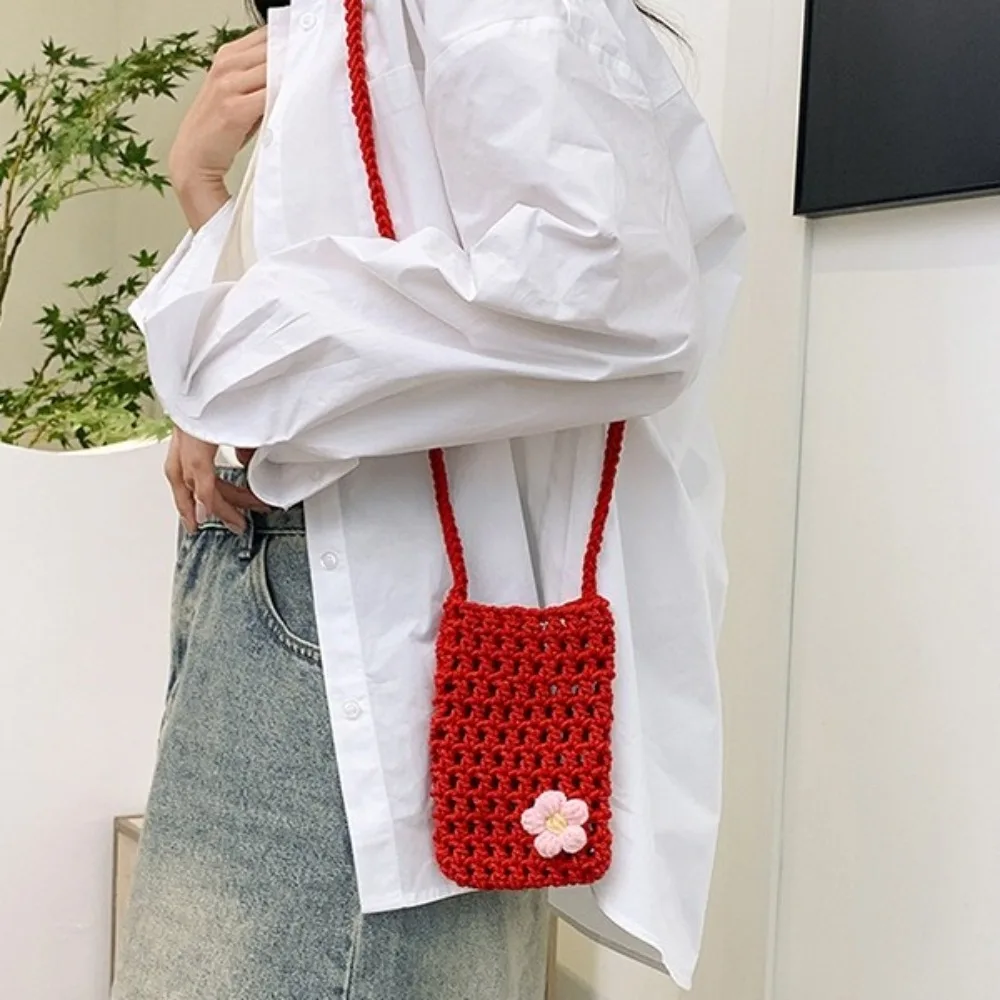 

Cute Flower Weaving Crossbody Bag Hollow Square Crochet Phone Bag Solid Color Mini Knitted Messenger Bag Daily