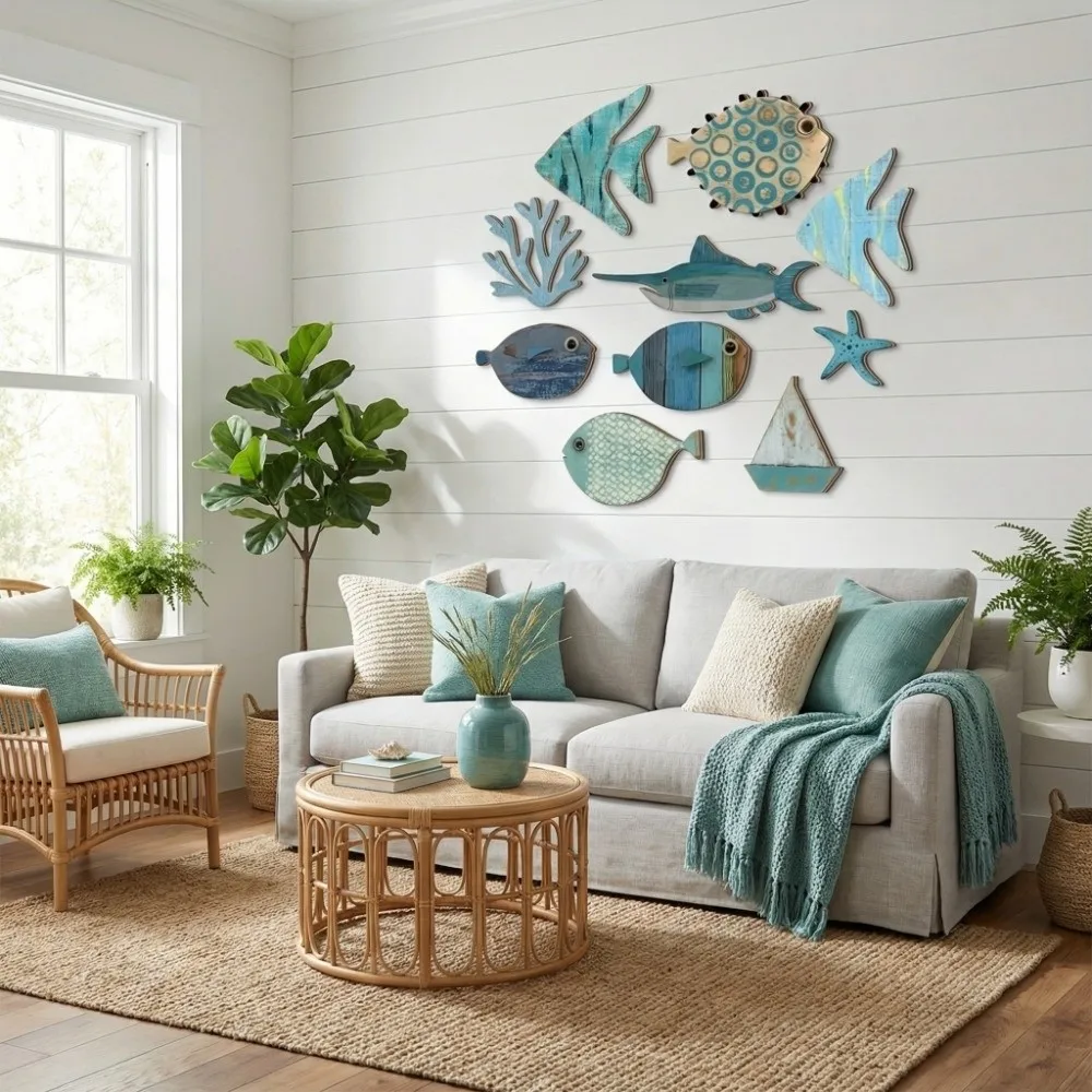 

10Pcs Creative Rustic Ocean Animal Decoration Wall Art Retro Wooden Decorations Funny Fish Wall Decor Cafe Bar