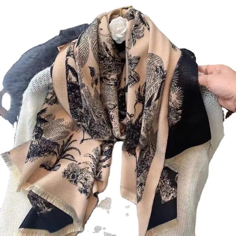 New Scarf Women\'s Winter All-Matching Cashmere Double-Sided Tropical Rainforest Pattern Thickened Warm Shawl Factory Wholesale