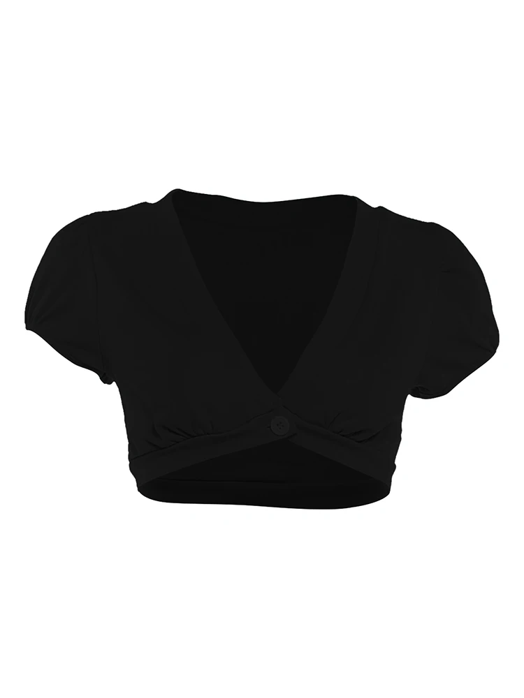 Weird Puss Dopamine Style T-Shirt Women Button Deep V-Neck Puff Sleeve Sexy High Street Hottie Simple Classic Casual Clubwear