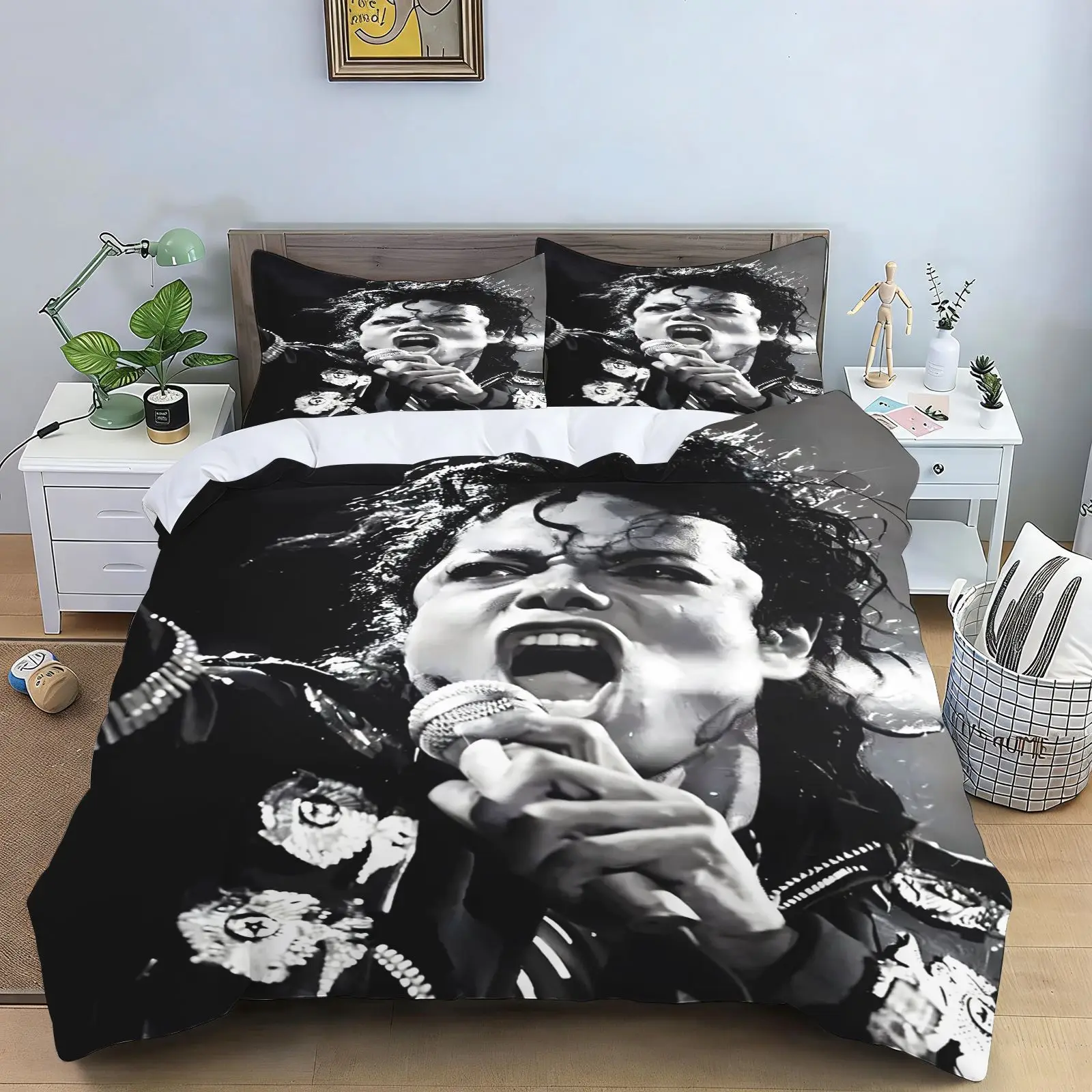 Michael Jackson Black White Stage Print Bedding Set Pop King Duvet Cover Pillowcase Retro Singer Bedroom Bed Linen