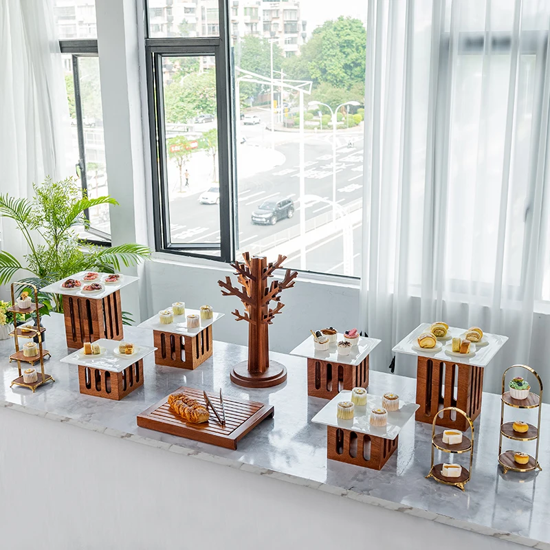 #Wooden Dessert Table Ornament Display Rack Bread Tray Cake Dim Sum Rack Chinese Buffet Cold Food Tea Break Set Table