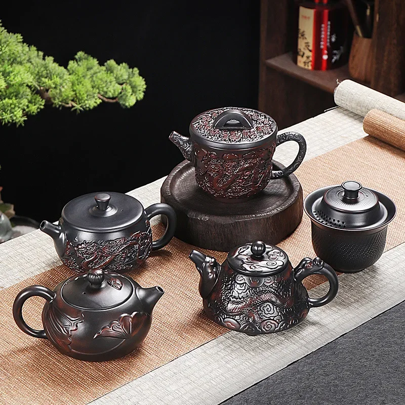 Dehua Purple Pottery Fully Handmade Jumping Knife Pattern Fengming Jinglan Pot Household Tea Set Teapot Retro Purple Pottery Pot