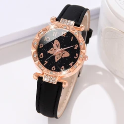 1PCS Simple Luxury Butterfly Element Leather Strap Watch Black Casual Fashion Quartz Watch Is The Perfect Gift For Her (No Box)