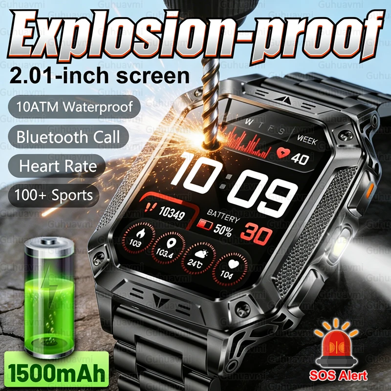 

Военные смарт-часы 2026 для мужчин, 2,01'' HD-экран, водонепроницаемость 10ATM, аккумулятор 1500 мАч, Bluetooth-звонки, SOS-оповещение, прочные часы для активного отдыха и спорта