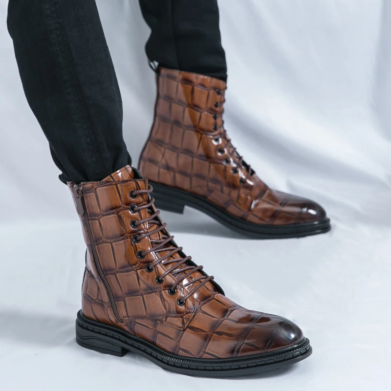 

Мужские кожаные ботинки для осени и зимы, нарядные туфли для вечеринок, на молнии, с толстой подошвой, удобные, черные, коричневые, мотоциклетные, на плоской подошве, для мужчин