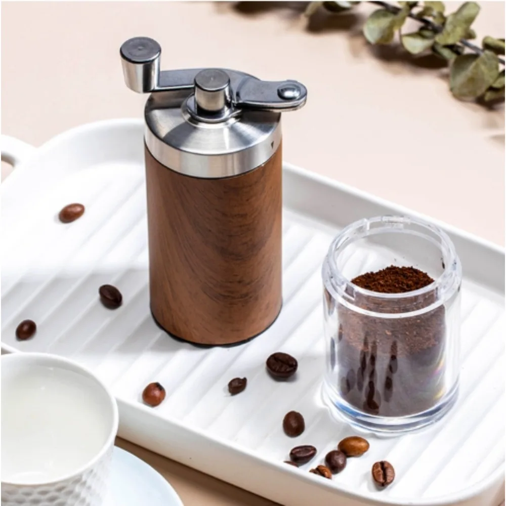 Coffee Grinder Stainless Steel Manual with Brush, Precise Grinding Level Adjustment, Wooden Handle with Conical Grinder, Black