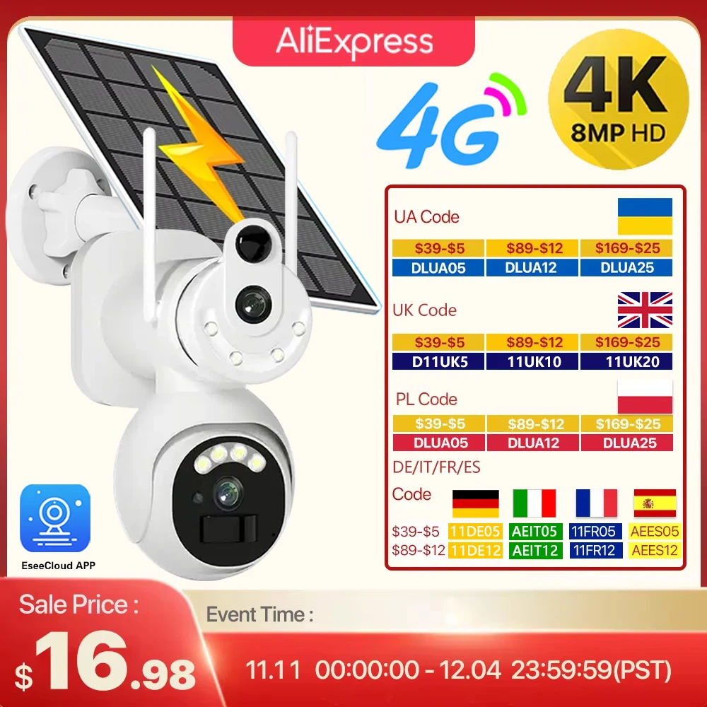 4G SIM Solar Security Cameras Wireless Outdoor 8MP 4K HD Video Surveillance Color Night Vision Human Auto Tracking Gift SIM Card