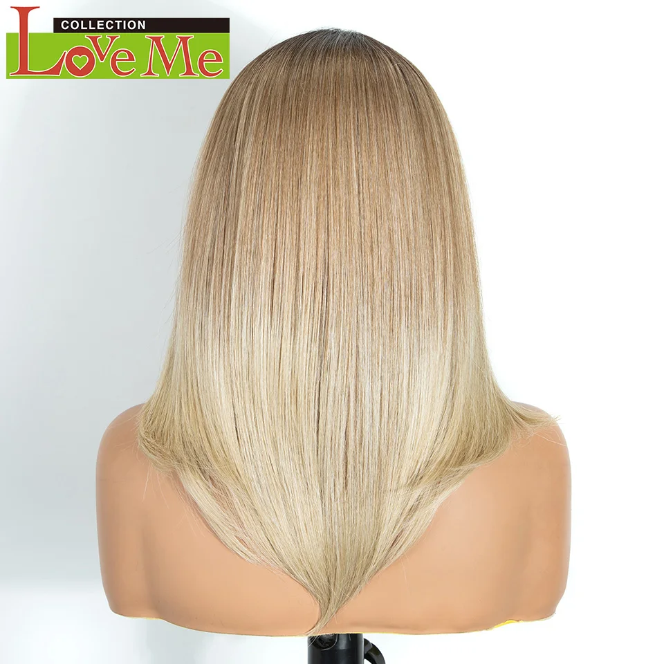 LOVE ME Synthetic Lace Front Wigs For Women Pre Plucked Pre-Cut 18 Inch Bob Wigs Ombre Brown Blonde Daily Use Cosplay Wigs